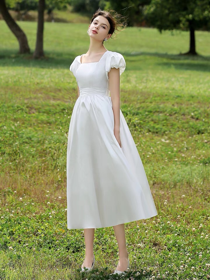 Vintage Bouffant Dress, White Dress ,bubble Sleeves Bridesmaid Dress, Simple Wedding Dress,handmade