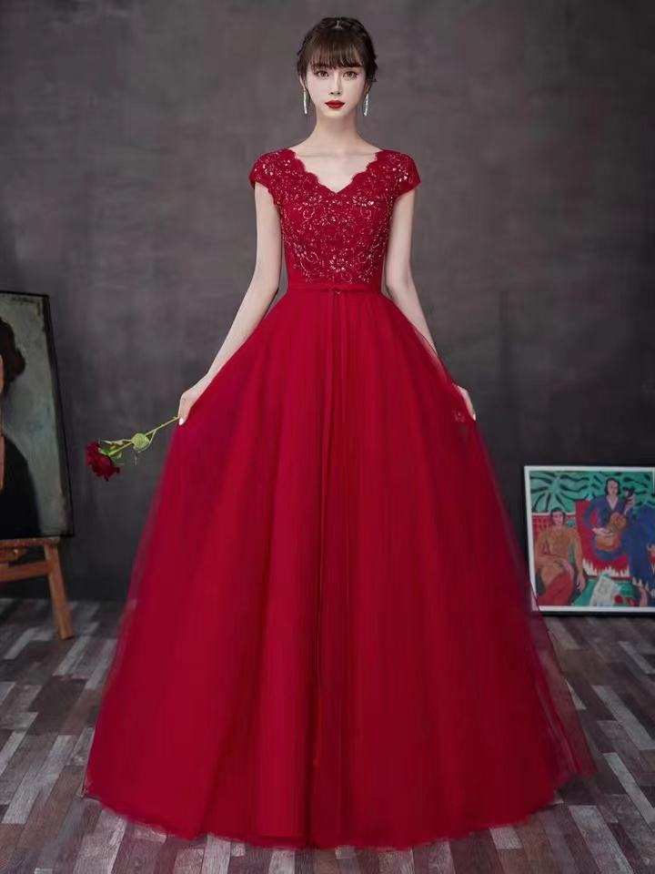V-neck Party Dress,cap Sleeve Prom Dress,red Formal Dress,handmade