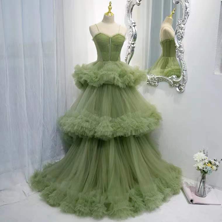Strap Evening Dress, Luxury, Fairy, Socialite, Temperament, Long Green Party Dress, High Qulaity Elegant Dress,handmade