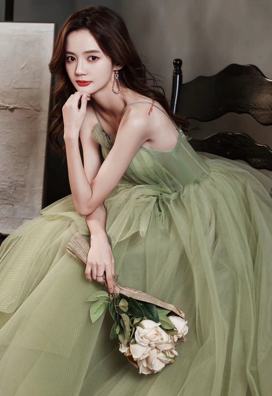 Green party dress, temperament light luxury dress, strap travel wedding dress,handmade