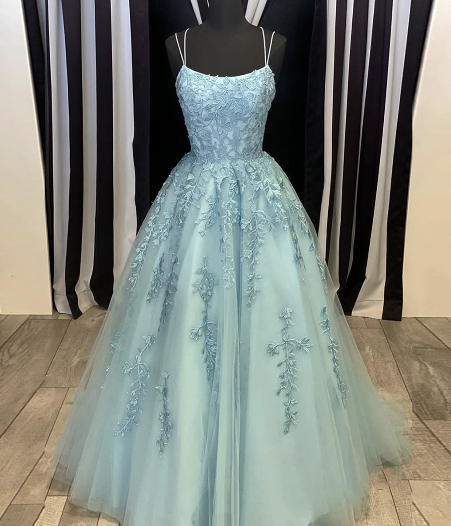 Blue Tulle Lace Applique Dress, Long Ball Gown Dress Formal Dress,spaghetti Strap Prom Dress,handmade