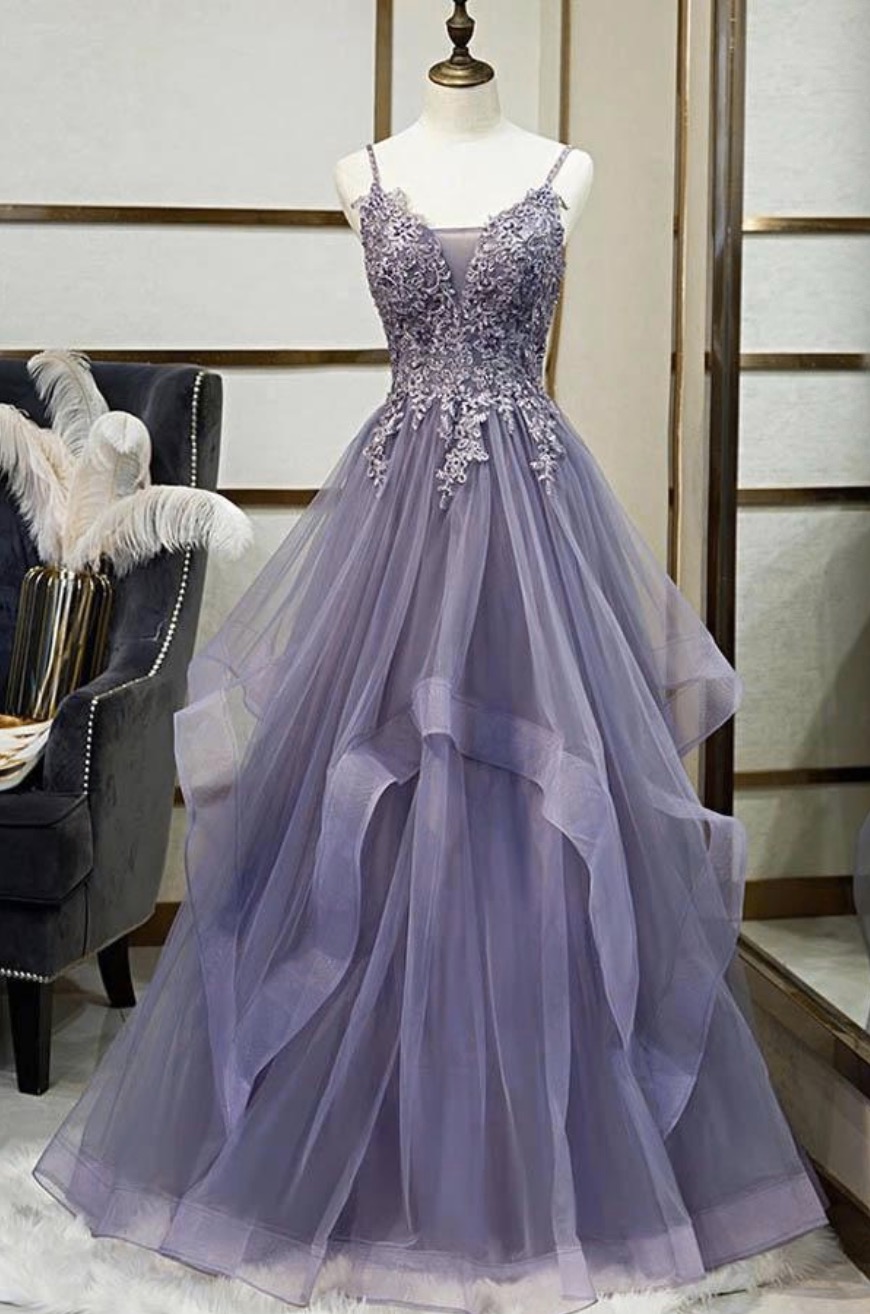 Purple Tulle A-line Party Dress, V-neck Spaghetti Straps Prom Dress With Lace Appliquess,handmade