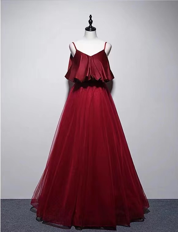 Spaghetti Strap Red Prom Dress, Flounces Collar, Stylish Evening Dress,high Waist Party Gown,handmade