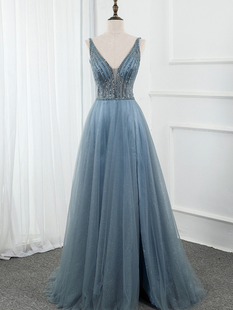 Blue Tulle Party Dress,deep V-neck Backless Beading Sequins Prom Dress,handmade