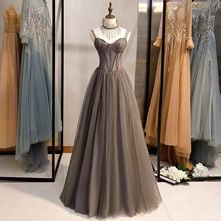 Spaghetti Strap Evening Dress, Gray Party Dress,beaded Prom Dress,handmade