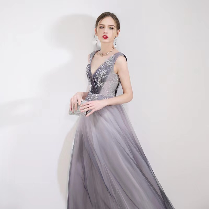 Gradient Purple Prom Dress, Deep V Sexy Beaded Party Dress,custom Made,handmade
