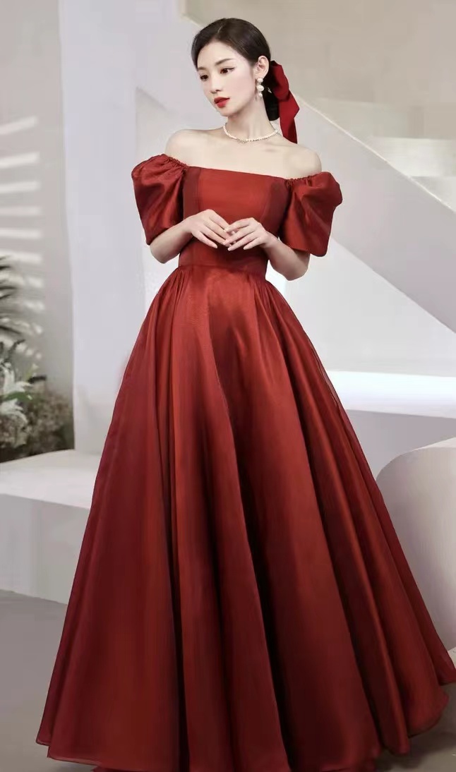 Cute Bubble Sleeves Prom Dress, Red Party Dress,long Square Collar Evening Dress,handmade