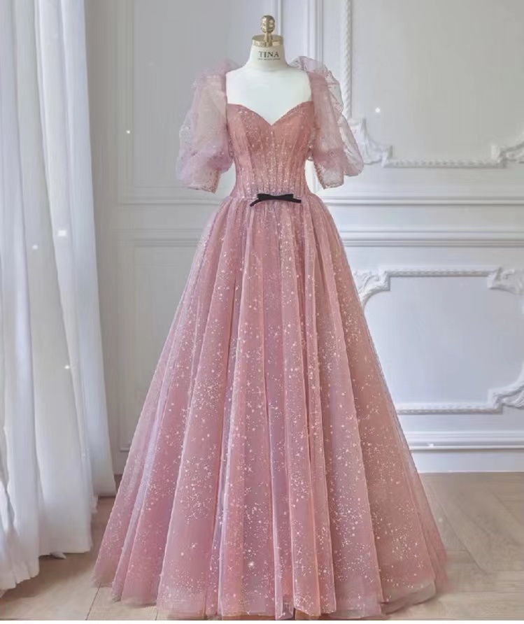 Light Luxury Prom Dress, High-grade Party Dress, Pink Bridesmaid Dress, Bubble Sleeve Princess Dress,handmade
