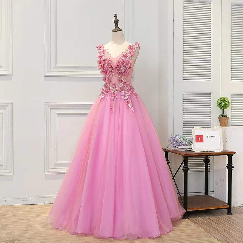 V-neck Evening Dress, Pink Prom Dress, Fairy Birthday Dress, Applique Party Dress,handmade