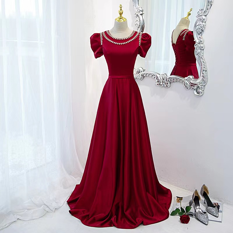 Satin Prom Dress, Red Evening Dress, Formal Dress With Diamond,handmade
