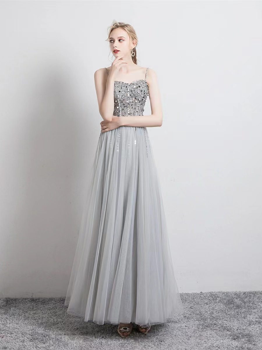 Silver Evening Dress, Elegant Birthday Dress, Long Halter Prom Dress, Handmade,