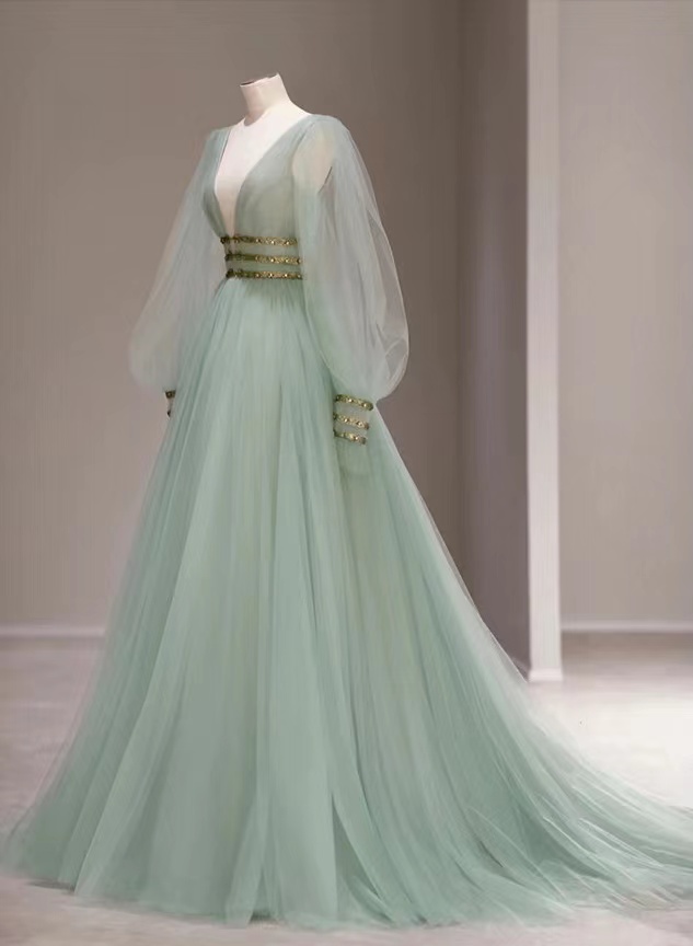 Fresh, Natural, Super Fairy Green Evening Dress, Temperament Long Sleeve Party Dress, Lawn Wedding Dress, Handmade
