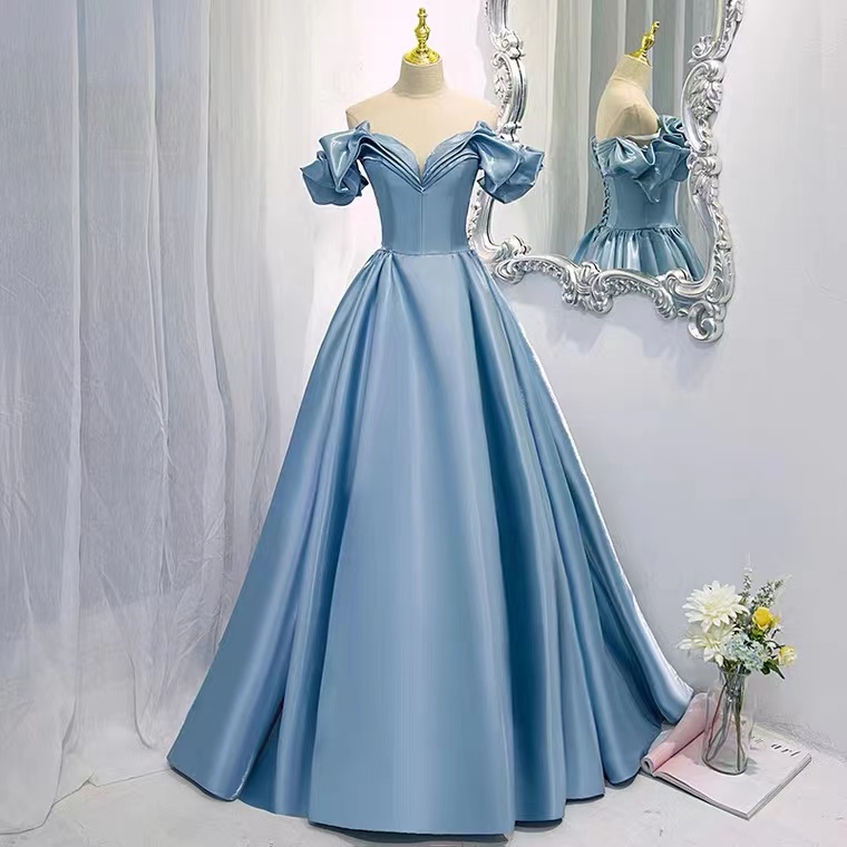 Off-the-shoulder Bridesmaid Dresses, Long Birthday Party Dresses, Blue Satin Evening Dresses, Handmade