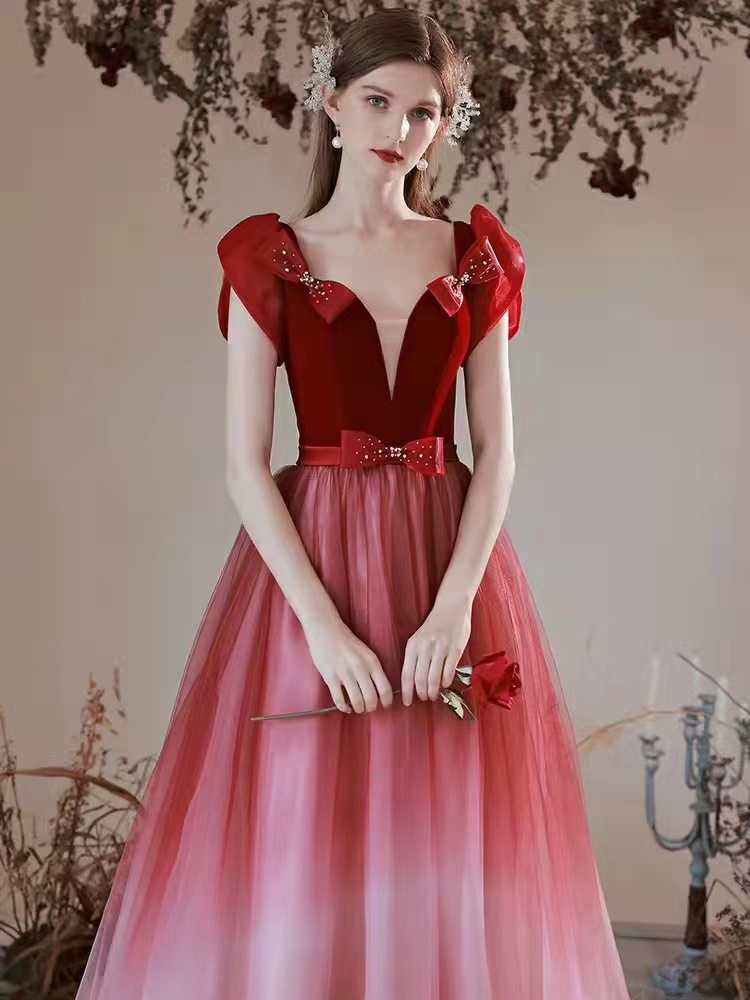 Gradual Burgundy Dress, Temperament Evening Dress,cute Party Dress,handmade