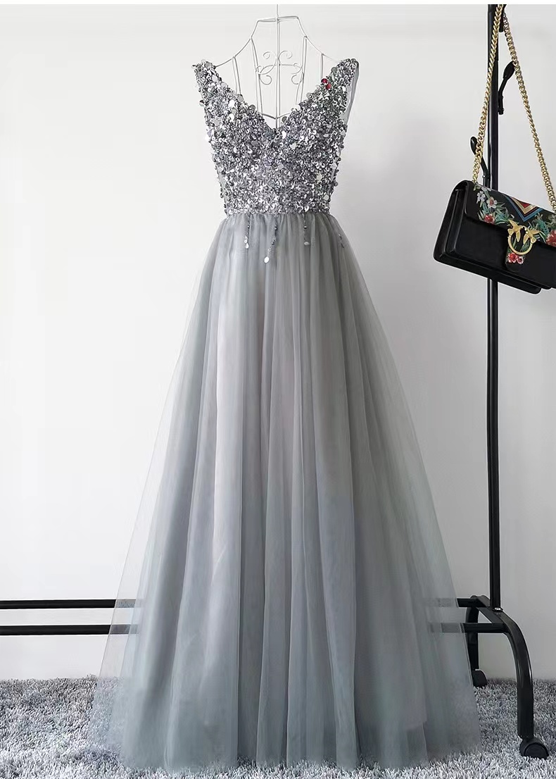 Luxury Party Dress, V-neck Evening Dress,gray Sexy Prom Dress,handmade