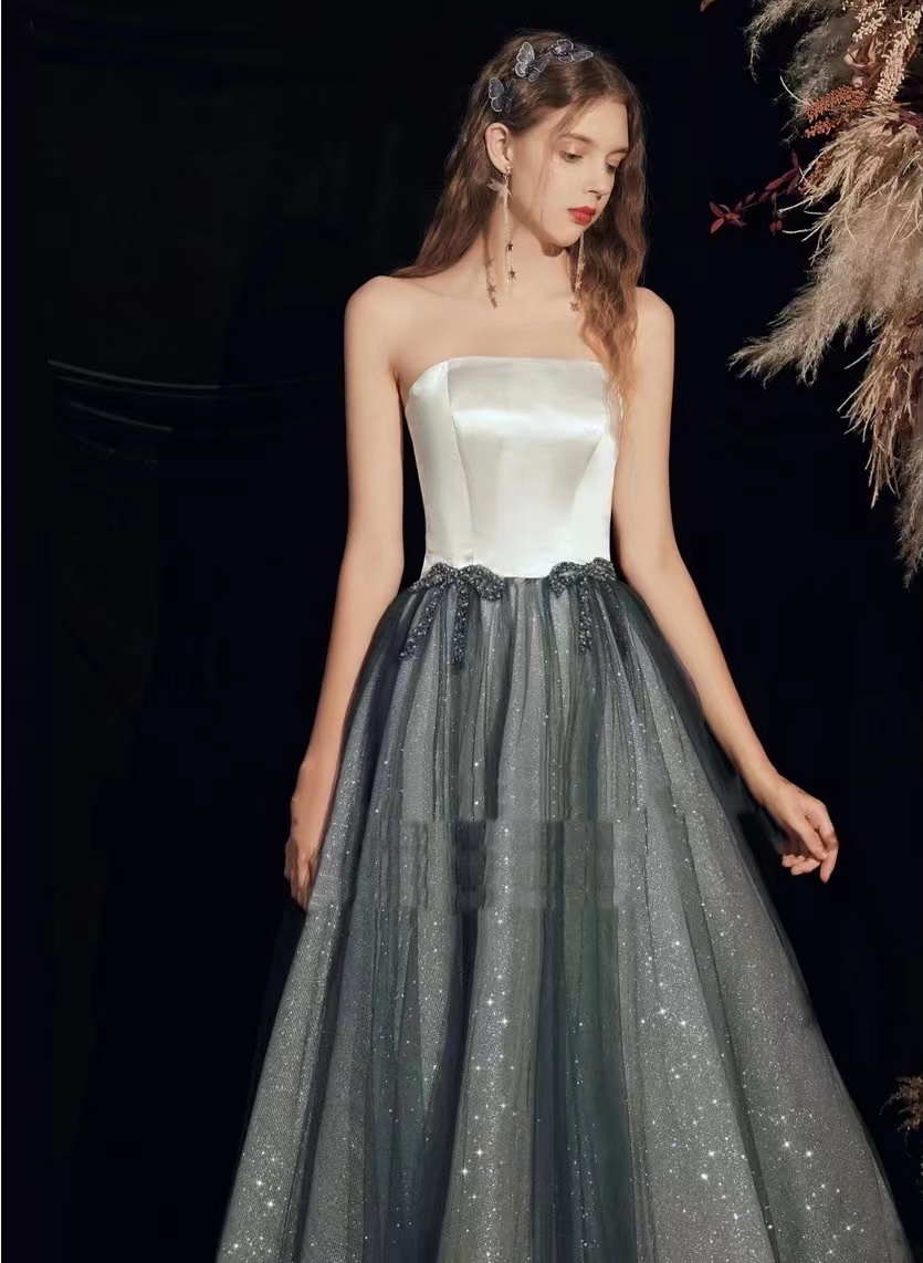 Clash-colored White Dress, Strapless Prom Gown,handmade