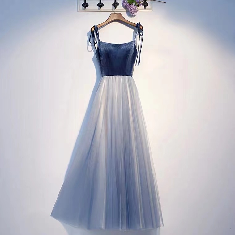 Blue Party Dress, Spaghetti Strap Midi Dress,simple Bridesmaid Dress,handmade