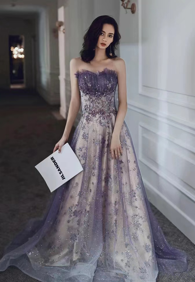Off Shoulder Party Dress, Purple Prom Dress,strapless Sequin Dress,handmade