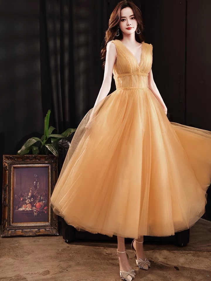 V-neck Party Dress, Yellow Bridesmaid Dress, Bright Birthday Dress,handmade