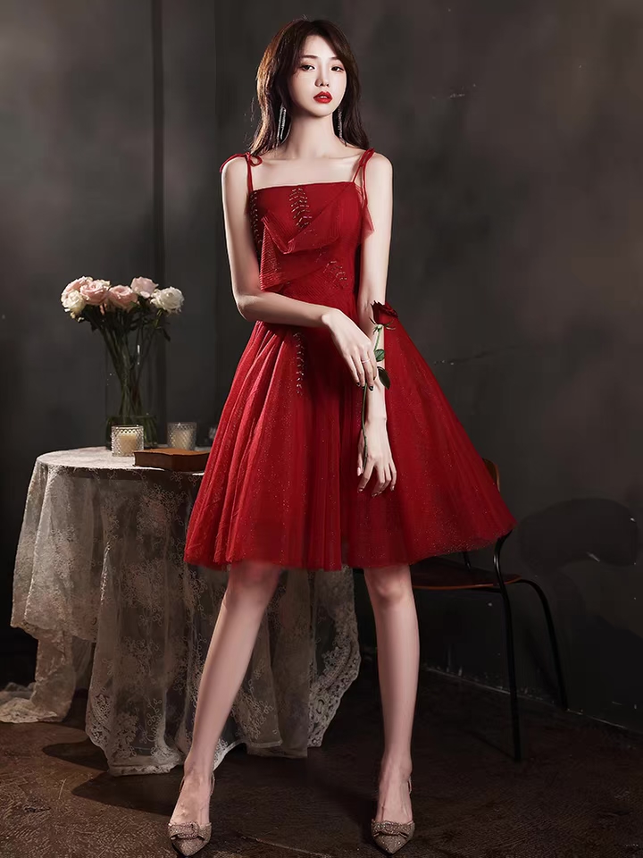 fitted lace wedding dress Red A-line V-neck Spaghetti Straps Homecoming Dress SH601 main image 1