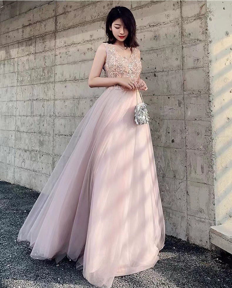 Pink Evening Dress, Long Temperament Party Dress, Sexy V-neck Noble Dress With Applique,handmade
