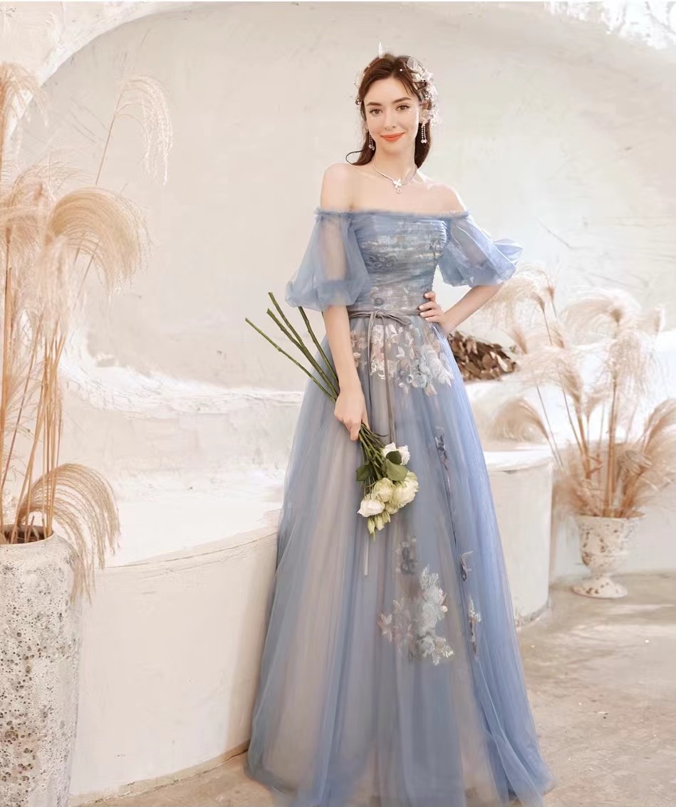 Blue Birthday Dress, Strapless Evening Dress, Applique Wedding Dress, Fairy Party Dress,handmade