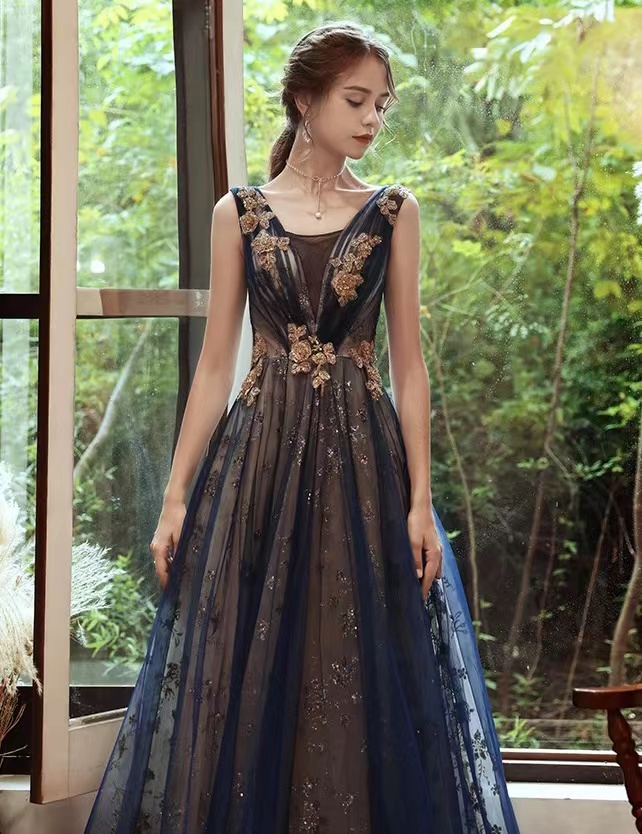 V-neck Long Dream Party Dress, Sleeveless Evening Dress With Decals,handmade