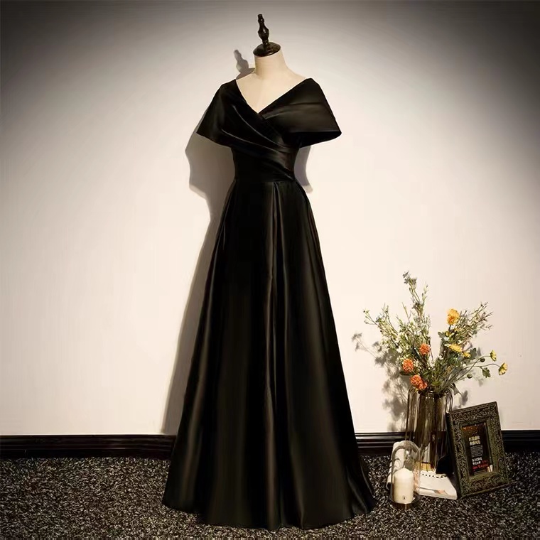 V-neck Party Dress,black Prom Dress,satin Evening Dress,handmade