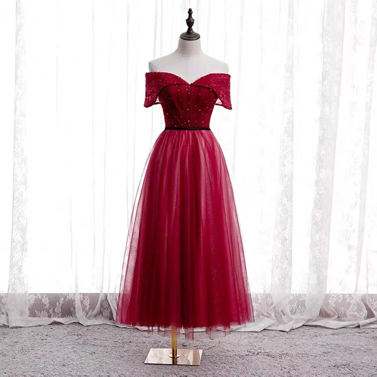 Off Shoulder Party Dress,red Midi Dress ,sweet Graduation Dress,handmade