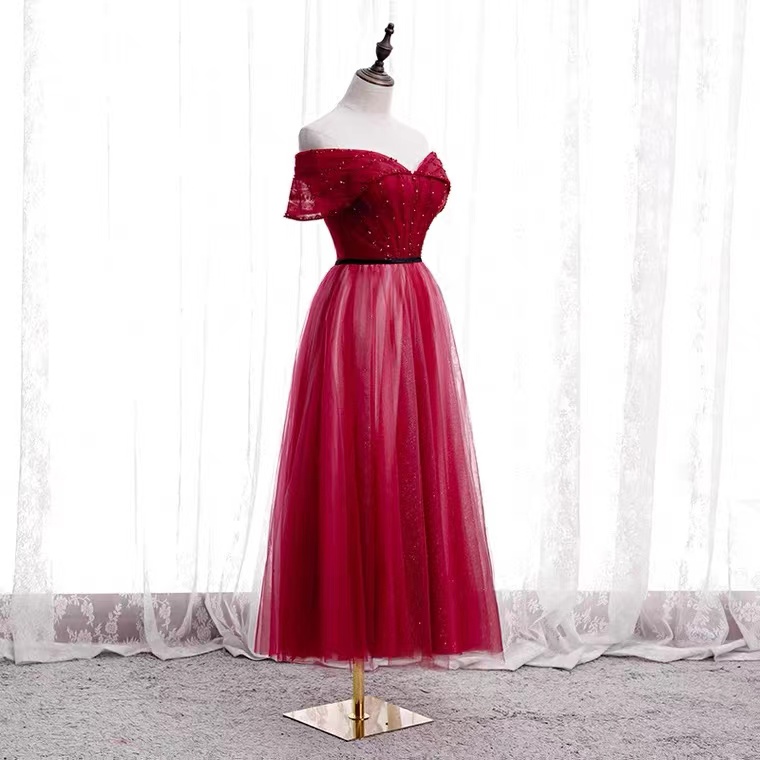 Off Shoulder Party Dress,red Midi Dress ,sweet Graduation Dress,handmade