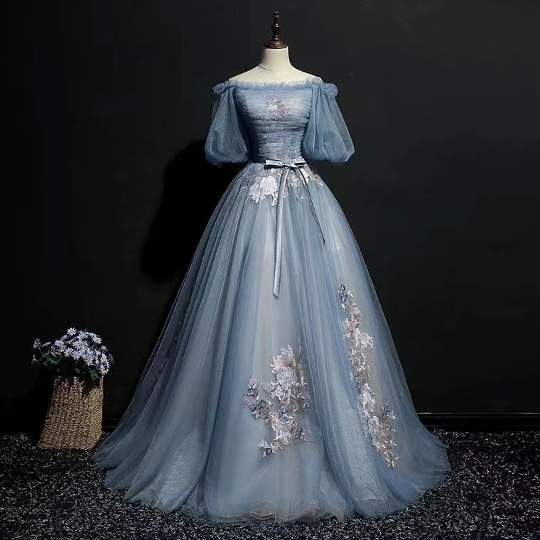 Off Shoulder Party Dress,blue Prom Dress ,off Shoulder Ball Gown Dress With Applique,handmade