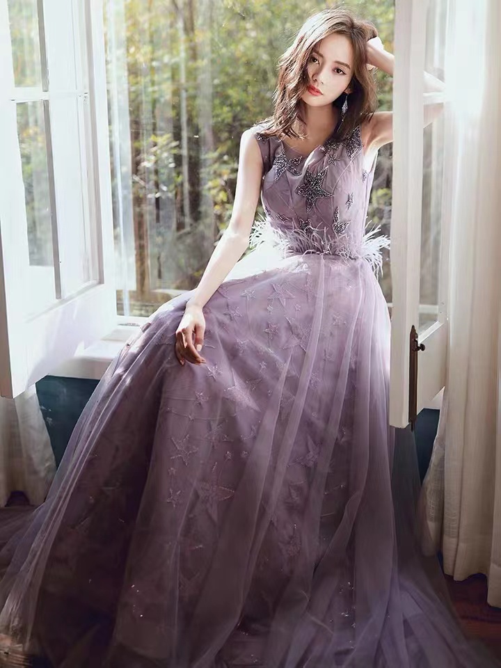 Purple Party Dress,dream Prom Dress ,sleeveless Evening Dress ,handmade