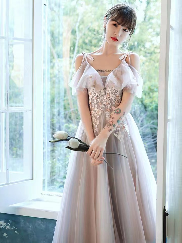 Spaghetti Strap Prom Dress, Pink Bridesmaid Dress, Fairy Princess Dress