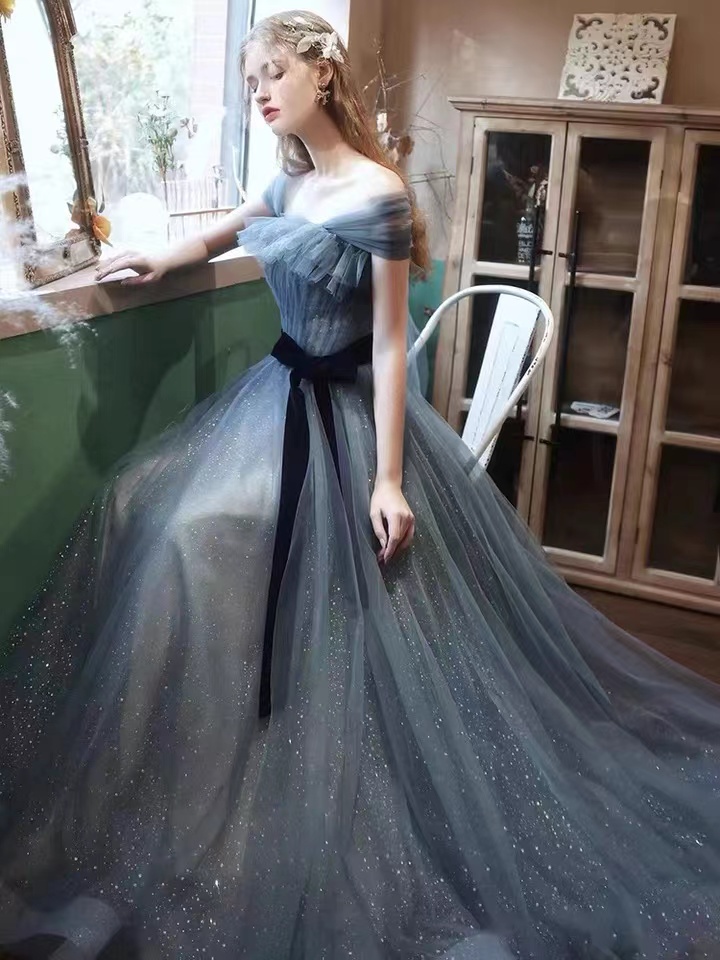 Blue Evening Dress, Light Luxury Dress, Off Shoulder Elegant Dress,handmade