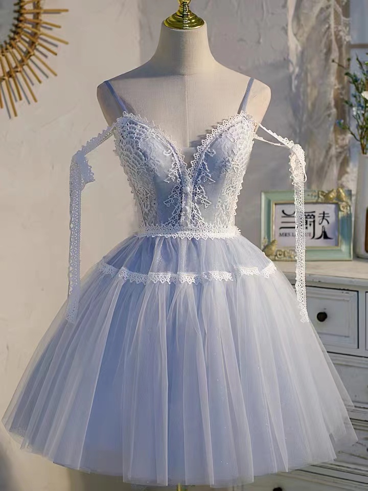 Spaghetti Strap Party Dress, Cute Homecoming Dress,blue Birthdady Dress,handmade