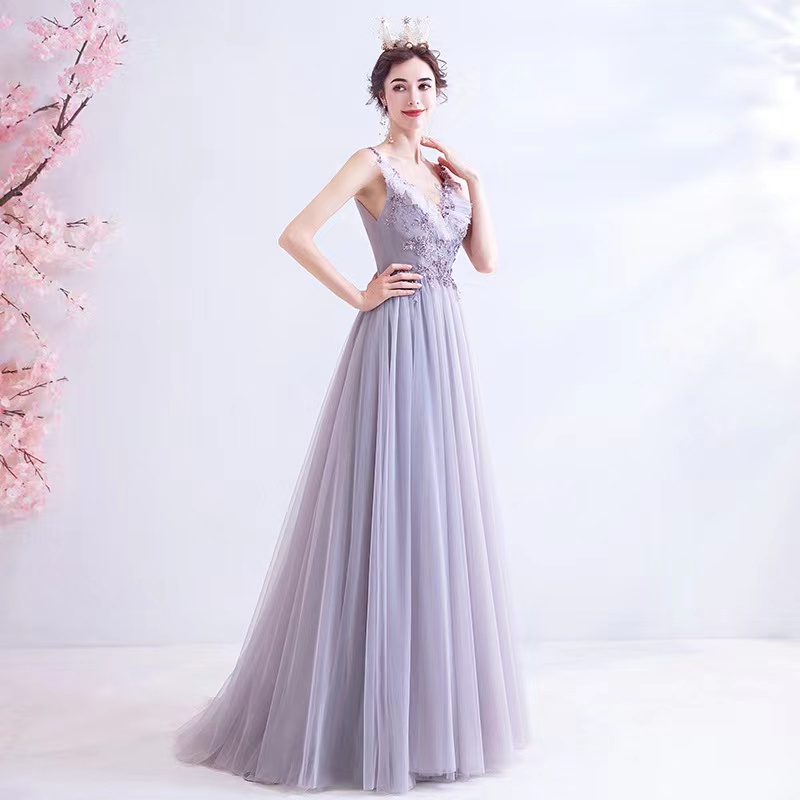 Lavender Party Dress, Fairy Prom Dress,chic V-neck Evening Dress,handmade