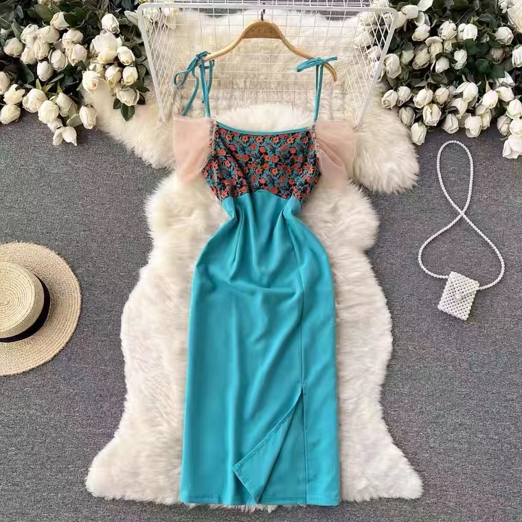 Paghetti Trap Party Dress, , Floral Splicing Slit Dress