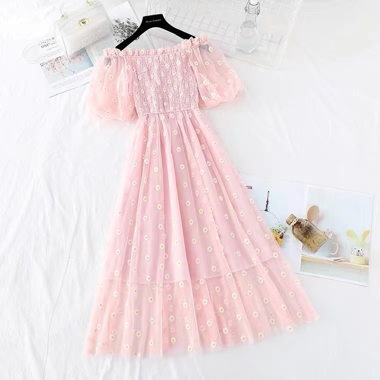 Daisy Embroidery Tulle Dress, Off Shoulder Temperament Cute Dress