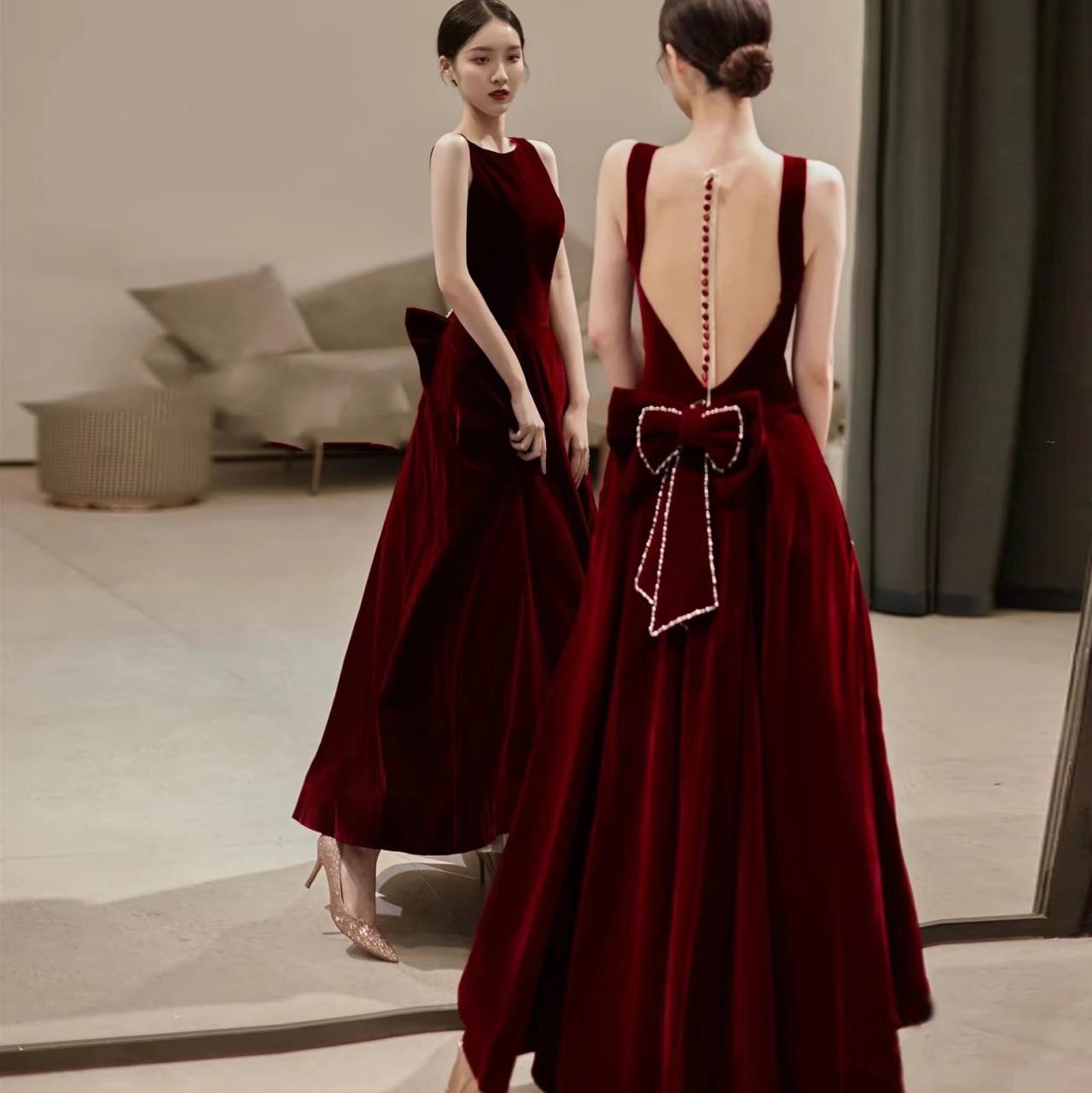 Burgundy Prom Gown, Sleeveless Evening Dress, Velvet Princess Dress,handmade
