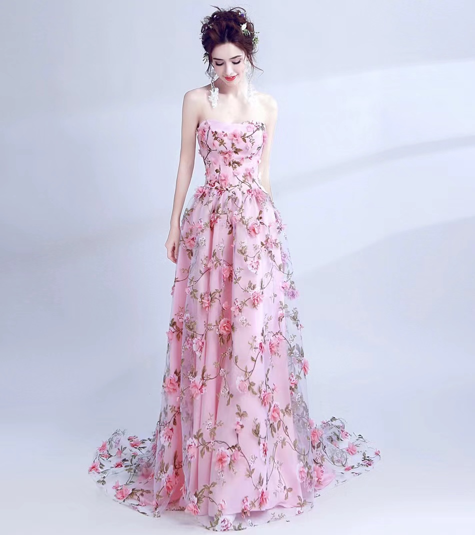 Bean Pink Flower Lace Strapless Dress, Romantic Decal Prom Dress,handmade