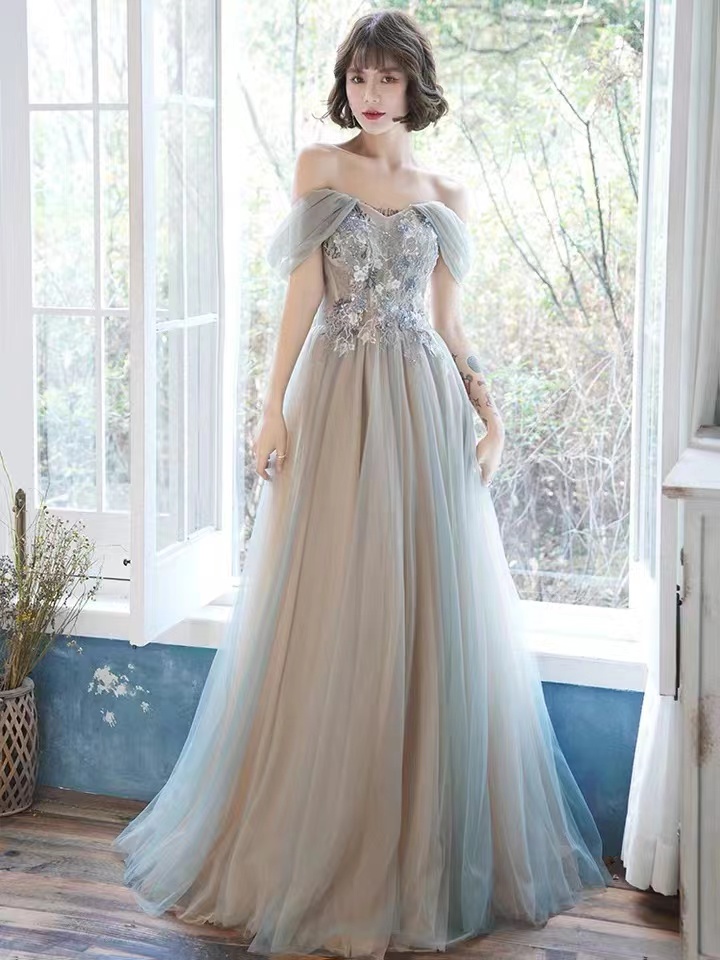 Fairy Prom Dress, Off Shoulder Party Dress, Gray Bridesmaid Dress With Applique,handmade