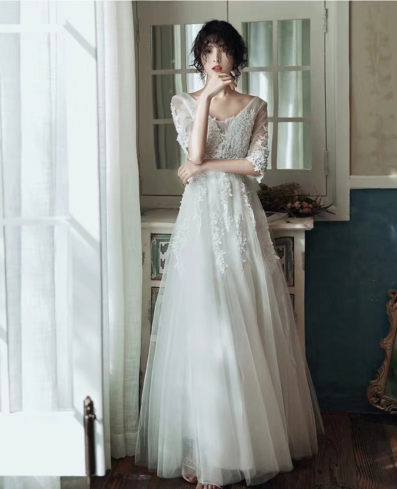 White Evening Dress , Long Fairy Temperament Party Dress, V Collar Prom Dress,handmade