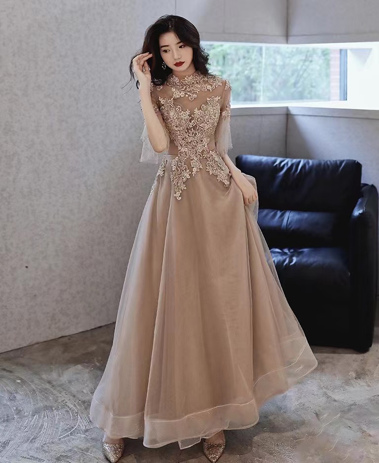 Champagne Evening Dress, Long Ladies Temperament Noble Dress, High Collar Prom Dress,handmade