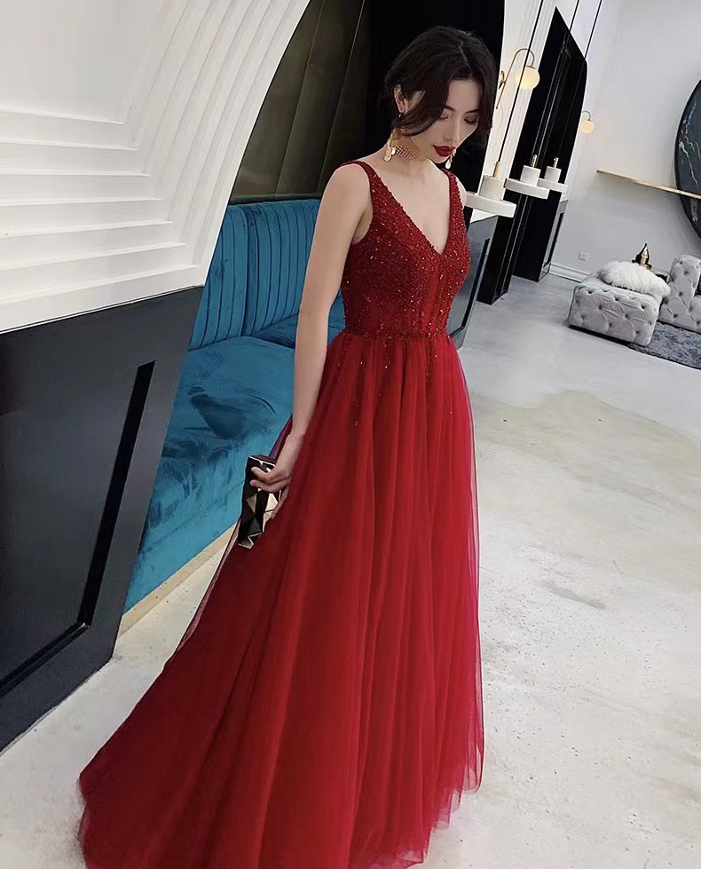 Long Red Prom Dress, Sexy V-neck Evening Dress, Backless Glamorous Dress,handmade