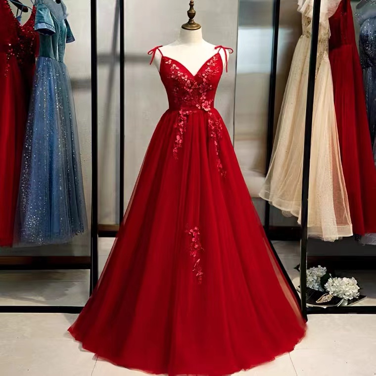 V-neck Red Long Prom Dress, Fairy Evening Dress With Applique,handmade