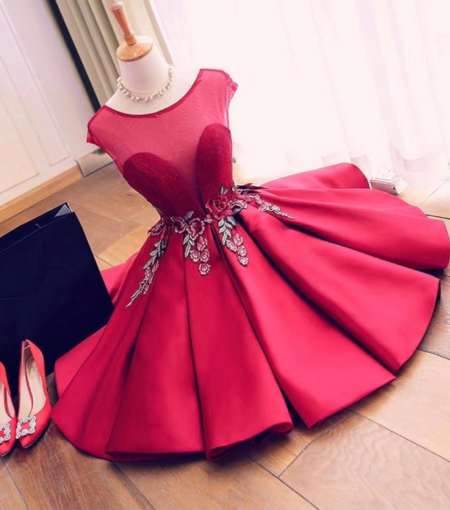 Red Homecoming Dress,cap Sleeve Party Dress,satin Graduation Dress,handmade