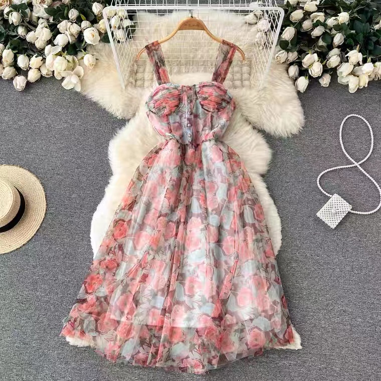 Floral Halter Dress, Seaside Holiday Dress, Temperament Halter Dress , Fairy Big Swing A-line Dress