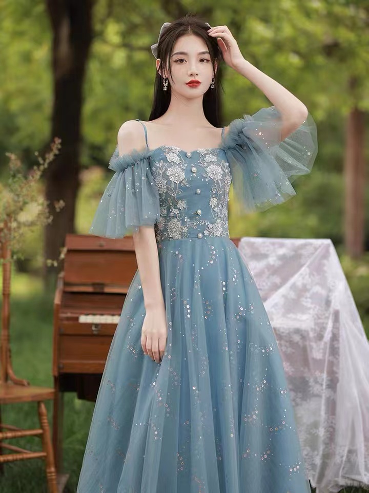 Blue Prom Dress,spaghetti Strap Party Dress,sequin Tulle Dress,handmade