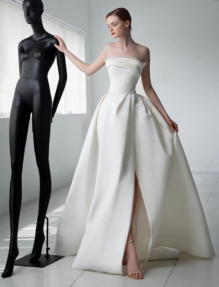 Strapless Wedding Dress,noble White Bridal Dress,slit Bridal Dress,handmade