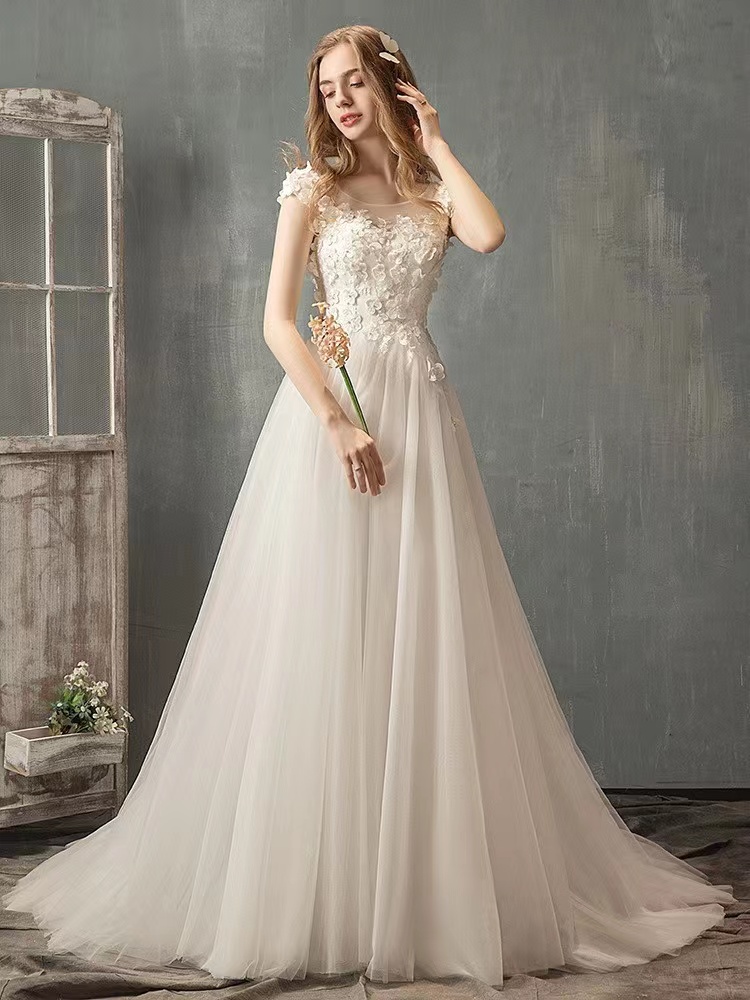 Cap Sleeve Wedding Dress,white Bridal Dress,lace Bridal Dress,handmade